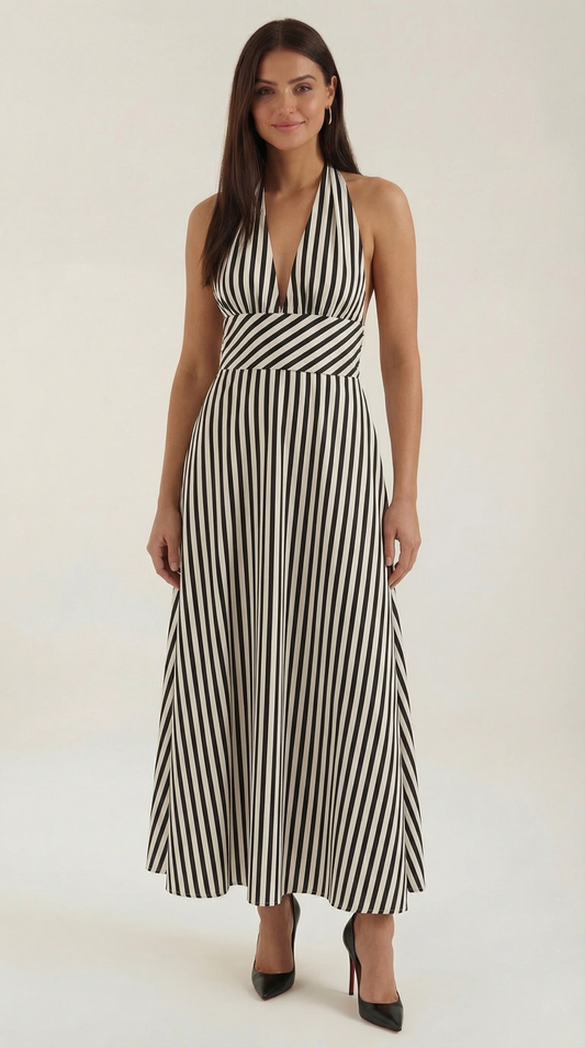 Women's Striped Maxi Dress Lightweight V-Neck Summer 0